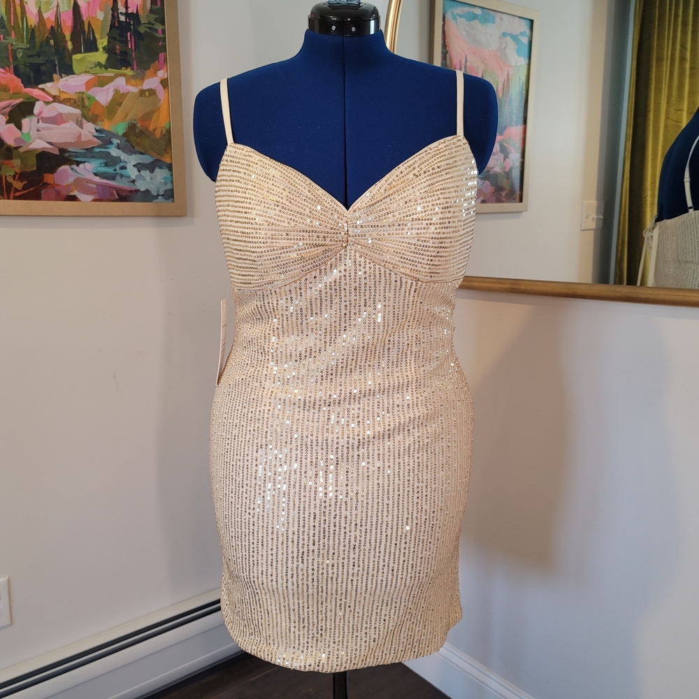 NWT Wear Your Love Gold Sequin Beige Dress Lace Up Size 16